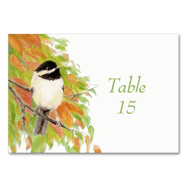 Akvarell Höst Chickadee Fågel Bröllop Bordsnummer (Framsidan)