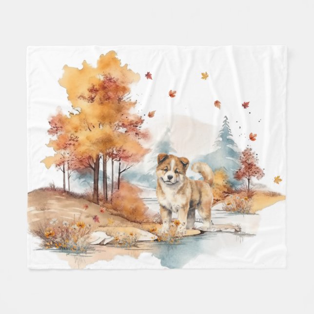 Akvarell Höst Hund Design- Akita Fleecefilt (Framsidan (Horisontell))