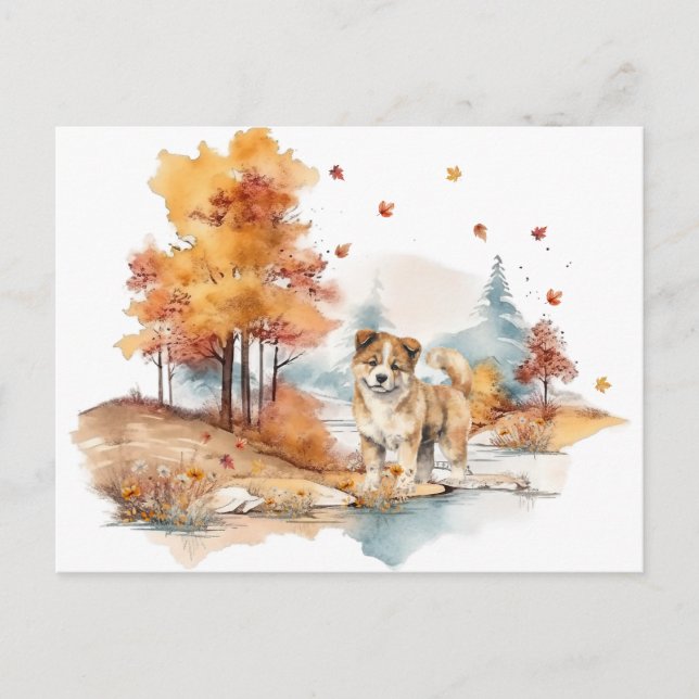 Akvarell Höst Hund Design- Akita Vykort (Framsida)