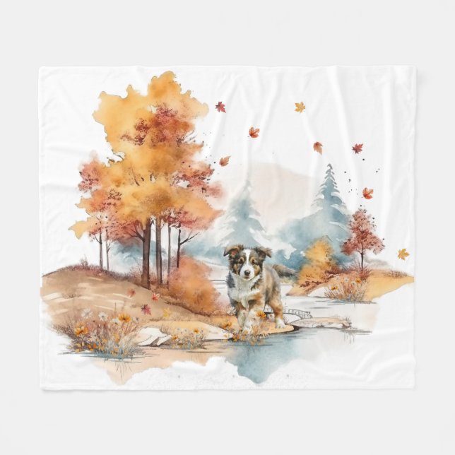 Akvarell Höst Hund Design- Australian Shepherd Fleecefilt (Framsidan (Horisontell))