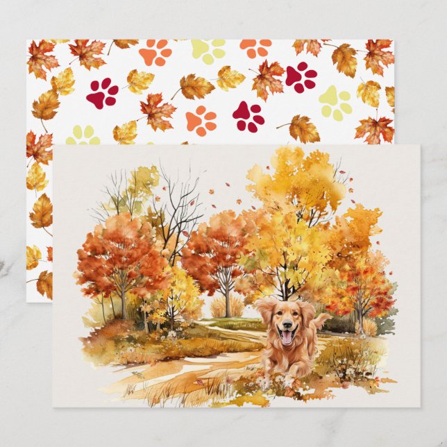 Akvarell Höst Hund Design- Golden Retriever Kort (Fram/baksida)