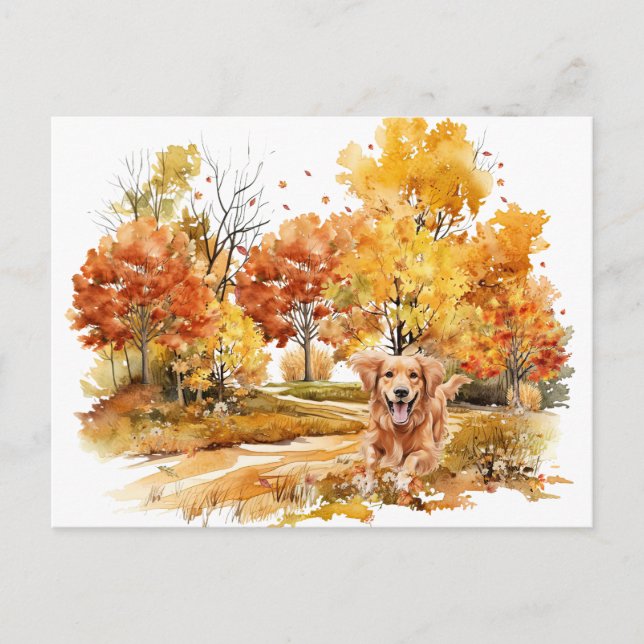 Akvarell Höst Hund Design- Golden Retriever Vykort (Framsida)