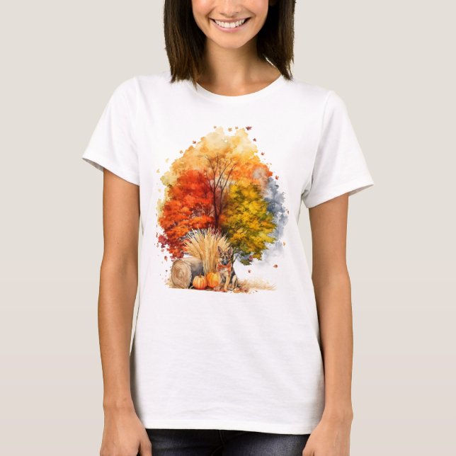 Akvarell Höst Hund Design- Tysk Schäferhund T Shirt (Framsida)
