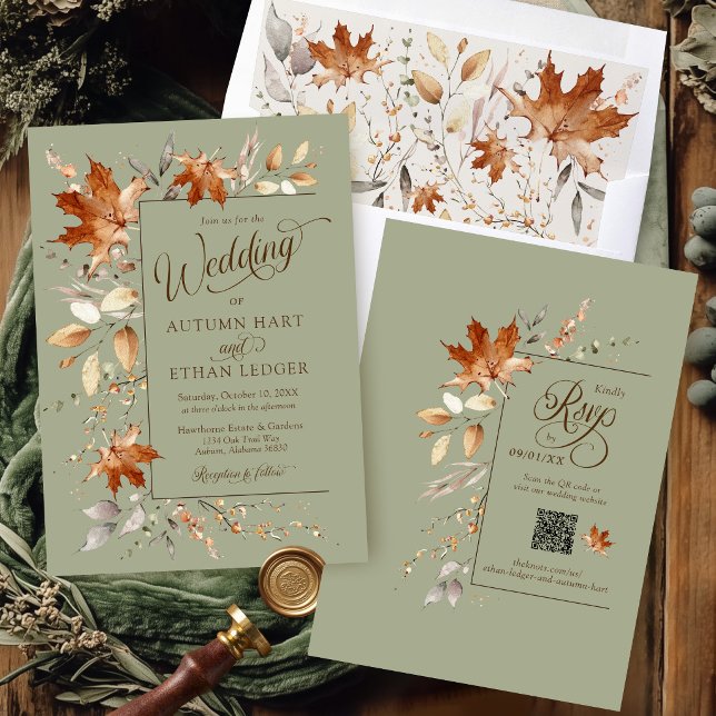 Akvarell Höst Löv Salvia Grön Höst Bröllop Inbjudningar (Elegant watercolor Autumn leaves modern sage green boho rustic Fall leaf QR code wedding invitation)