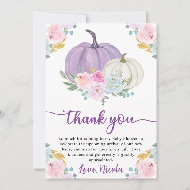 Akvarell Höst Pastell Färg Pumpa Baby Shower Tack Kort (Framsida)