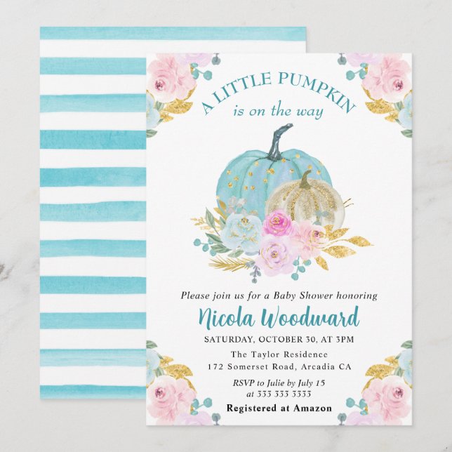 Akvarell Höst Pastell Färg Pumpor Baby Shower Inbjudningar (Fram/baksida)
