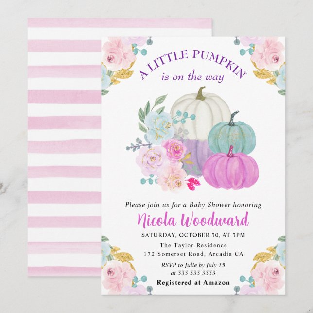 Akvarell Höst Pastell Färg Pumpor Baby Shower Inbjudningar (Fram/baksida)