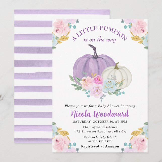 Akvarell Höst Pastellfärg Pumpa Baby Shower Inbjudningar (Fram/baksida)