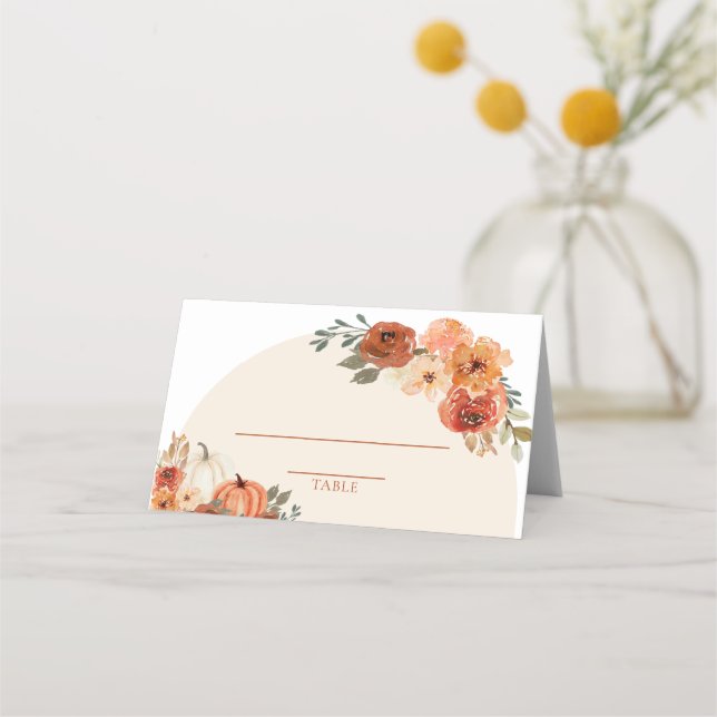Akvarell Höst Pumpa Bränd Orange Höstblomma Placeringskort (Framsida)