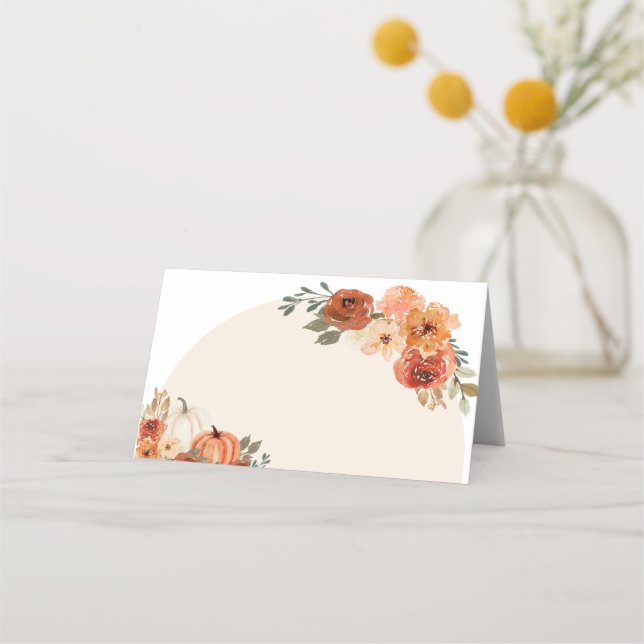 Akvarell Höst Pumpa Bränd Orange Höstblomma Placeringskort (Framsida)
