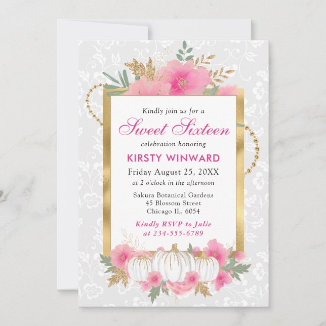 Akvarell Höst Rosa Guld Blommig Pumpa Sweet 16 Inbjudningar (Framsida)