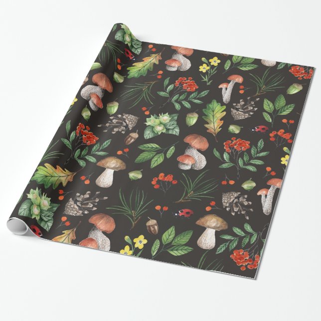 Akvarell Höst Skogsblad Svamp Blommig | Presentpapper (Utrullad)