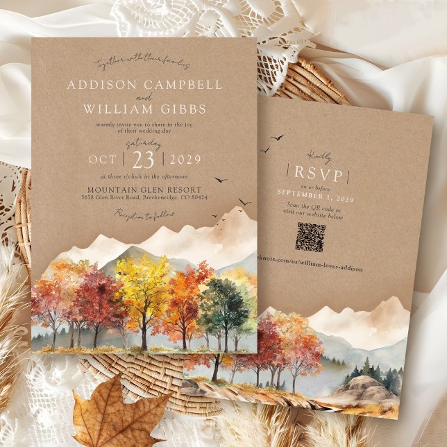 Akvarell Höst Träd Berg Rustik Kraft Bröllop Inbjudningar (Rustic kraft elegant Fall Trees watercolor forest mountain landscape QR code wedding invitation)