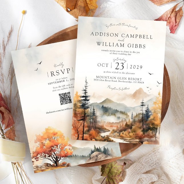 Akvarell Höst Träd Berg Scen Enkel Bröllop Inbjudningar (Rustic elegant Fall Trees watercolor forest mountain landscape terracotta QR code wedding invitation)