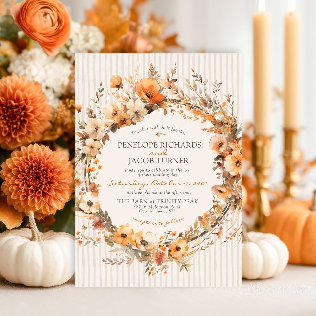 Akvarell Höstblomma Elfenbensbrun Höstbröllop Inbjudningar (Elegant Fall floral rustic boho modern watercolor flowers boho chic Autumn ivory wedding invitation)