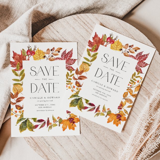 Akvarell Höstlöv Ram Höst Spara Datum Meddelande Vykort (Customizable Fall Save the Date Announcement Postcard with Autumn Foliage Frame)