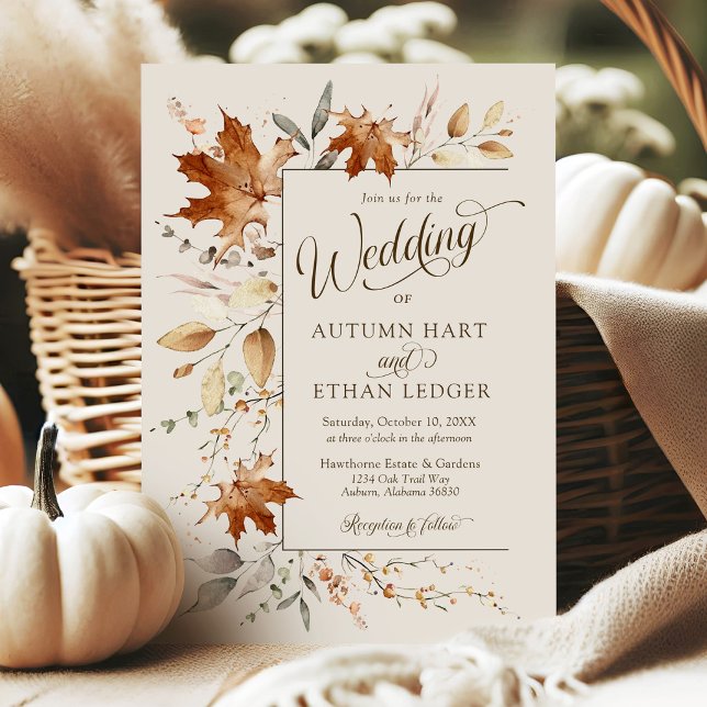 Akvarell Höstlöv Rustik Elfenben Höllig Bröllop Inbjudningar (Elegant watercolor Autumn leaves modern ivory rustic boho QR code rsvp Fall wedding invitations)