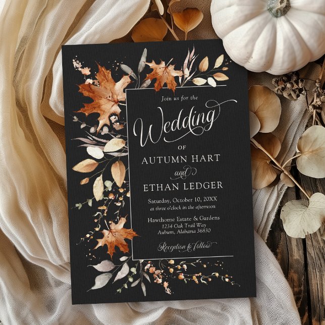 Akvarell Höstlöv Rustik Svart Höft Bröllop Inbjudningar (Elegant watercolor Autumn leaves modern black orange rust Fall QR code rsvp wedding invitation)