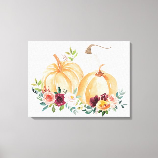 Akvarell Höstpumpor och Boho Blommor Canvastryck (Framsida)