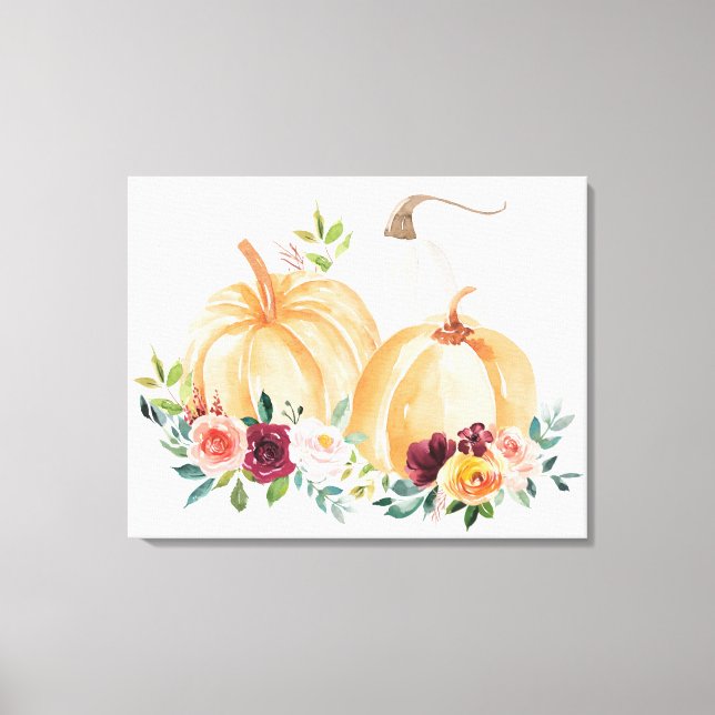 Akvarell Höstpumpor och Boho Blommor Canvastryck (Framsida)