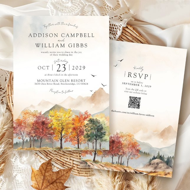 Akvarell Hösträd Berg Höst Boho Bröllop Inbjudningar (Elegant watercolor Fall Trees forest mountain landscape terracotta Autumn QR code wedding invitation)