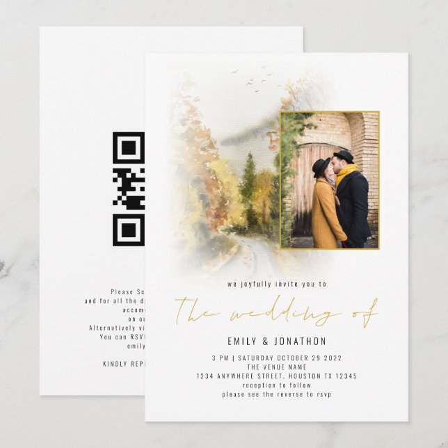 Akvarell Höstträd Foto QR-kod Guld Bröllop Inbjudningar (Fram/baksida)
