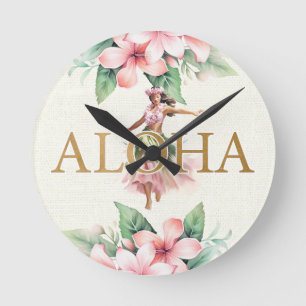 Akvarell Hula Flicka Aloha På Ötid Hawaii Rund Klocka