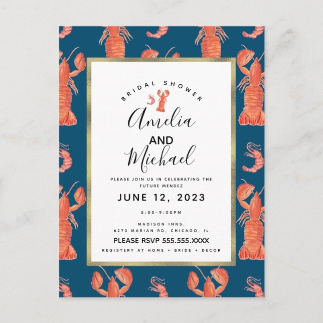 Akvarell Hummer Räka Bröllopsdusch I Vykort (Framsida)