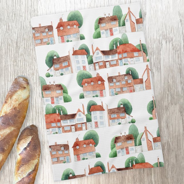 Akvarell Hus Hem Konst Kökshandduk (Traditional watercolor houses, homes and cottages art kitchen tea towel)