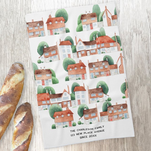 Akvarell Hus Hem Konst Personligat Ny Hem Kökshandduk (Traditional watercolor house and cottage art personalized kitchen tea towel for housewarming gifts)