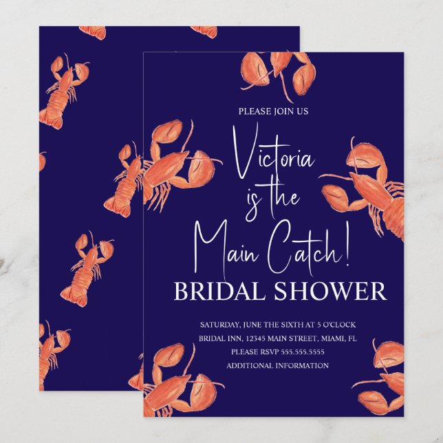 Akvarell Huvudfångst Hummer Bröllopsdusch Inbjudningar (Fram/baksida)