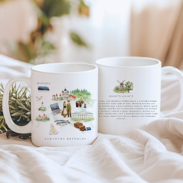 Akvarell Illustrerad Karta Estland | Monogram Kaffemugg (Skapare uppladdad)