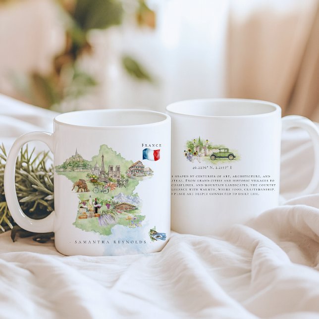 Akvarell Illustrerad Karta Frankrike | Monogram Kaffemugg (Skapare uppladdad)