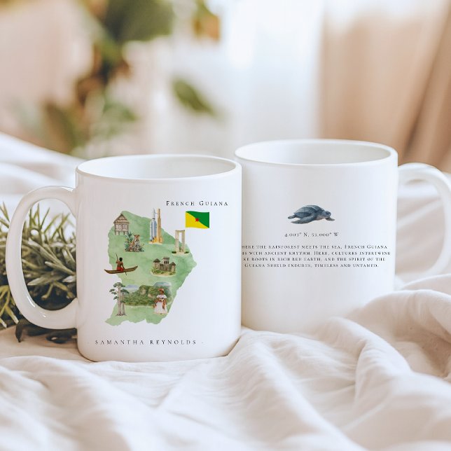 Akvarell Illustrerad Karta Franska Guyana Monogram Kaffemugg (Skapare uppladdad)