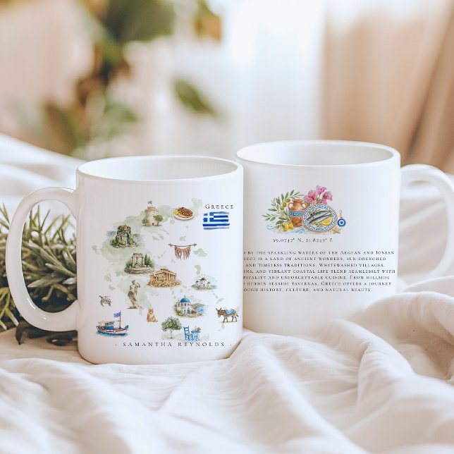 Akvarell Illustrerad Karta Grekland | Monogram Kaffemugg (Skapare uppladdad)