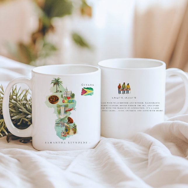 Akvarell Illustrerad Karta Guyana | Monogram Kaffemugg (Skapare uppladdad)
