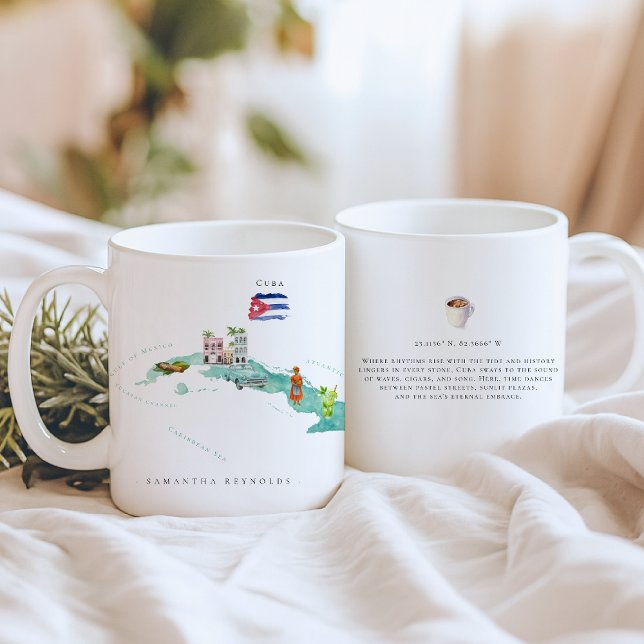 Akvarell Illustrerad Karta Kuba | Monogram Kaffemugg (Skapare uppladdad)