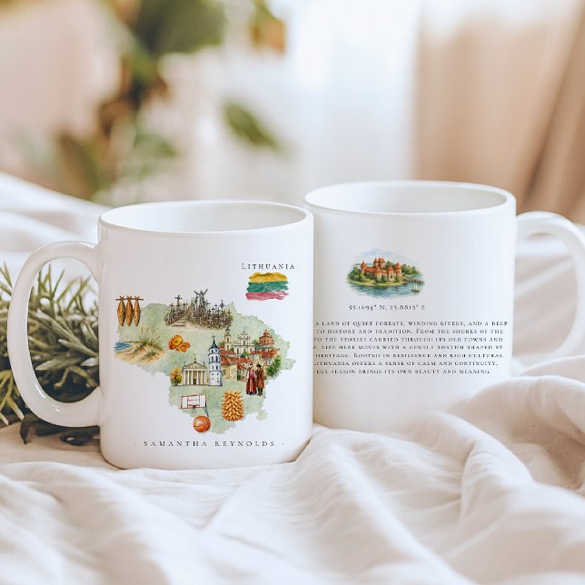Akvarell Illustrerad Karta Litauen | Monogram Kaffemugg (Skapare uppladdad)
