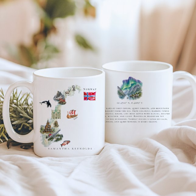 Akvarell Illustrerad Karta Norge | Monogram Kaffemugg (Skapare uppladdad)