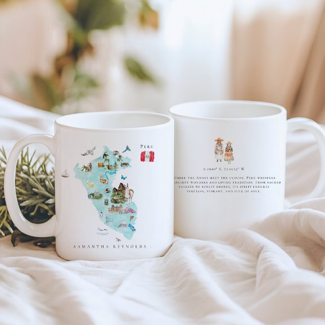Akvarell Illustrerad Karta Peru | Monogram Kaffemugg (Skapare uppladdad)