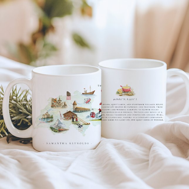 Akvarell Illustrerad Karta Schweiz | Monogram Kaffemugg (Skapare uppladdad)