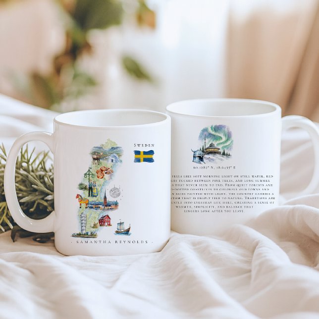 Akvarell Illustrerad Karta Sverige | Monogram Kaffemugg (Skapare uppladdad)