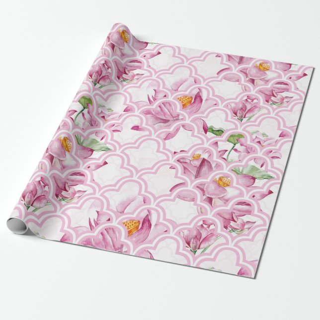 Akvarell Indisk Lotusblomma Presentpapper (Utrullad)