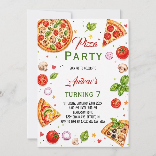 Akvarell Italiensk Pizzafest Födelsedag Inbjudningar (Framsida)