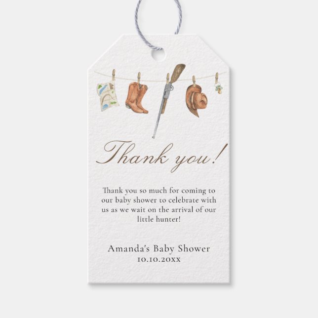 Akvarell Jakt Baby Shower Tack Presentetikett (Framsidan)