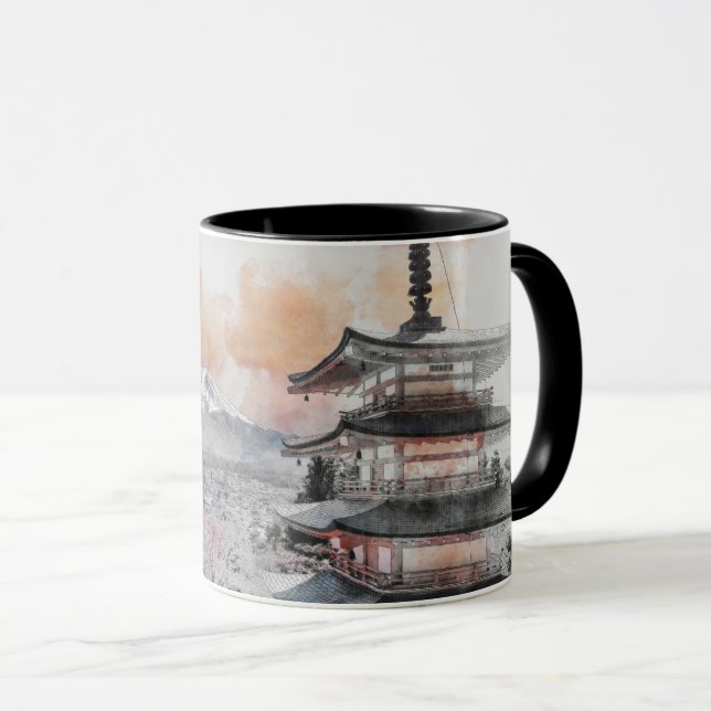 Akvarell Japansk Pagod & Fuji  Mugg (Framsida höger)
