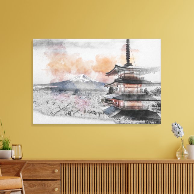 Akvarell Japansk Pagod & Mt. Fuji  Canvastryck (Insitu (Vardagsrum))