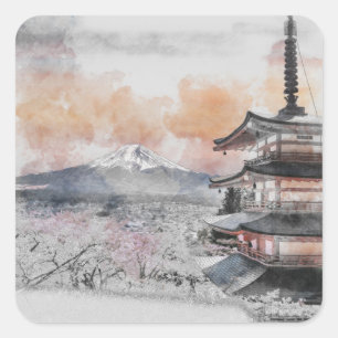 Akvarell Japansk Pagod & Mt. Fuji Fyrkant Fyrkantigt Klistermärke