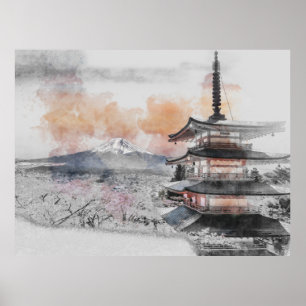 Akvarell Japansk Pagod & Mt. Fuji Poster