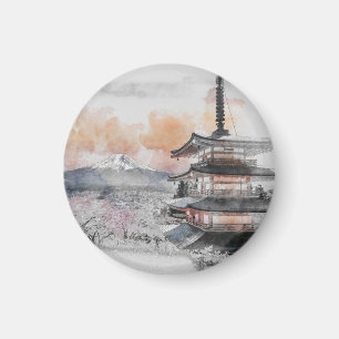 Akvarell Japansk Pagod & Mt. Fuji Resa Magnet